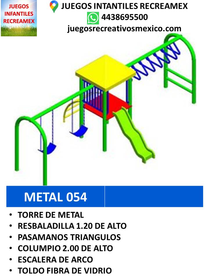 modulo de metal con columpios, resbaladilla, rapelito